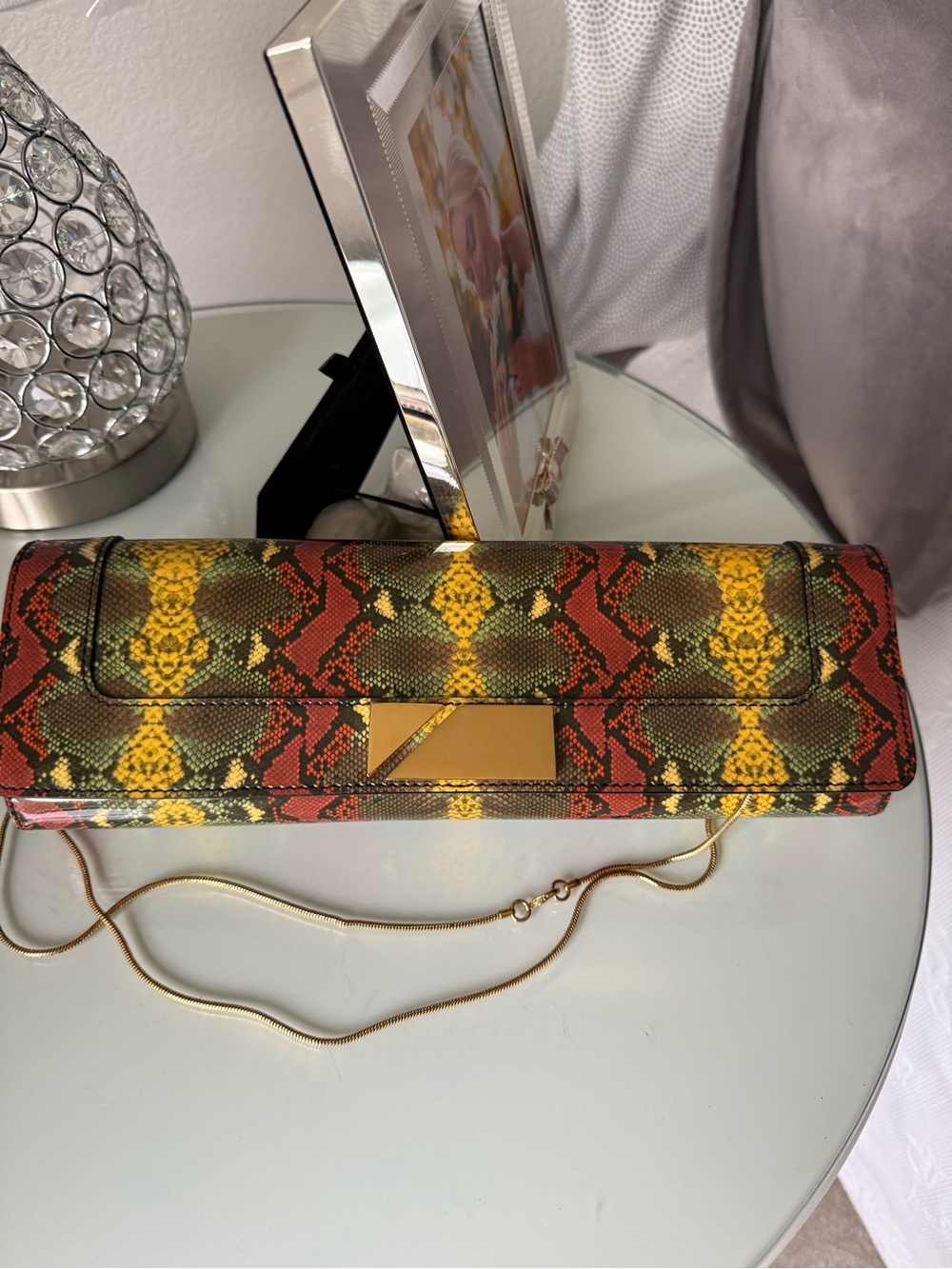 Pollini Snake-Print Clutch in Red, Yellow & Green with Gold Chain